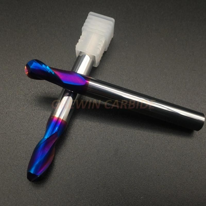 Gw Carbide-Carbide End Mill Use for Steel R5.0X75L-2f HRC65 Nano Blue Coating Ball Nose