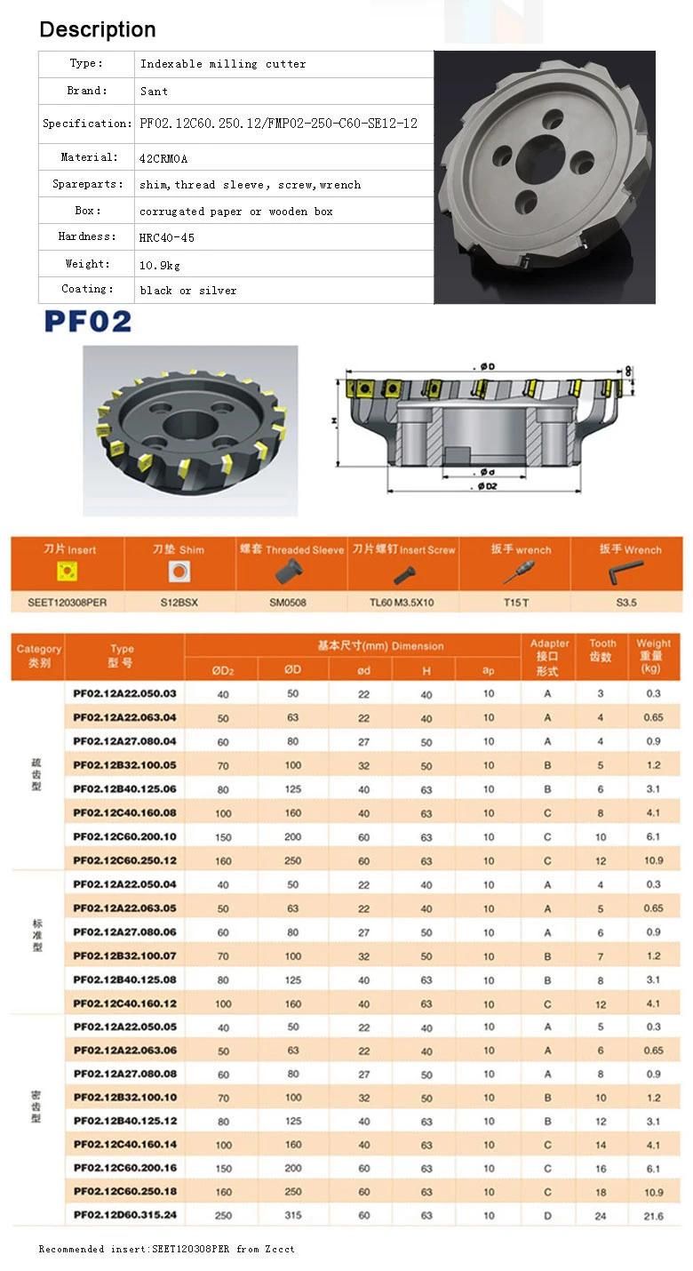 Matched Zccct Insert Seet120308per Indexable Face Milling Tool