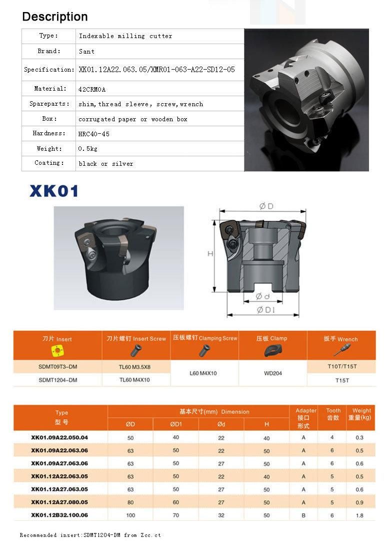 CNC Indexable High Feed Milling Cutter Xk01.12A22.063.05 Recommend Zccct Code Xmr01-063-A22-SD12-05