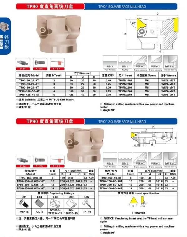 90 Degree Square Shoulder Indexable Face Mill Cutter 50mm *22mm for Milling Insert Tpcn1603