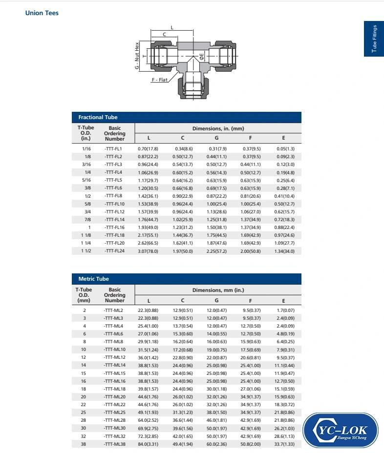 Yc-Ut Stainless Steel Union Tee Hydraulic Tube Fittings