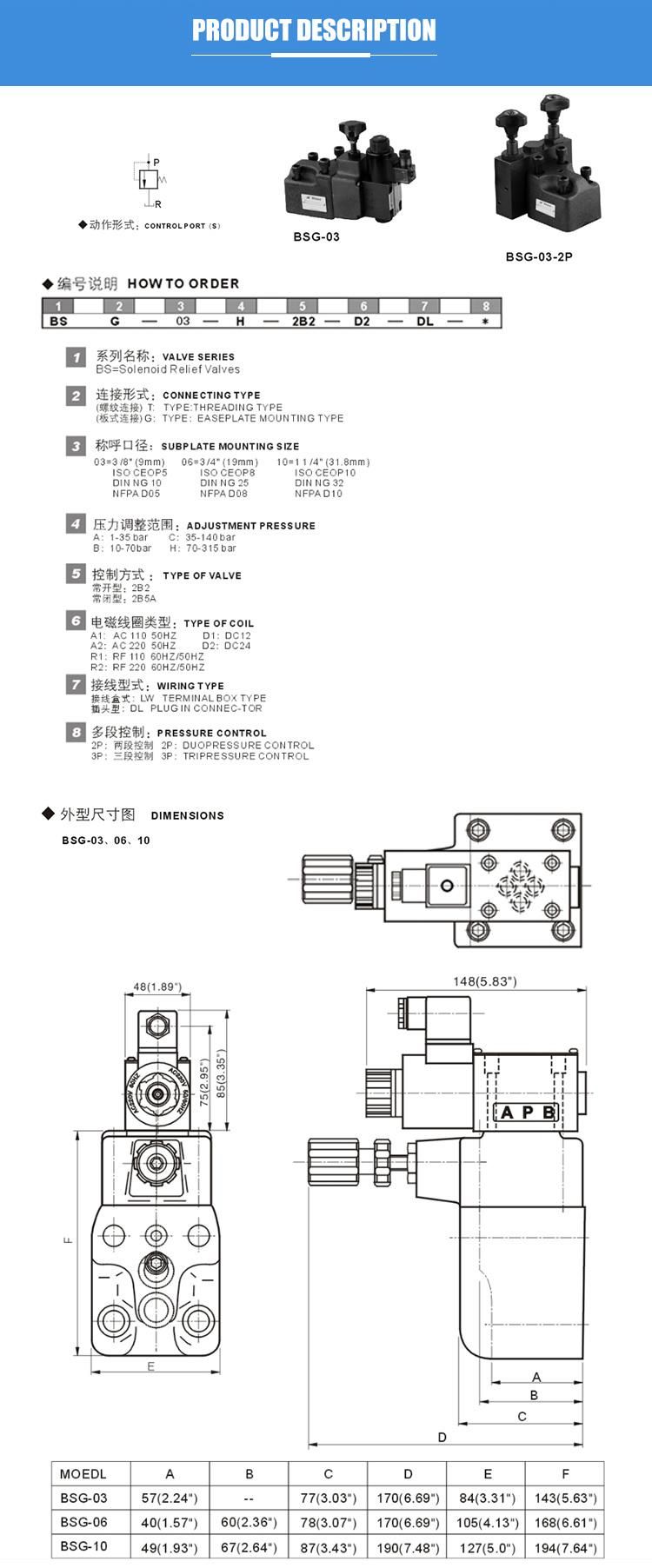 BSG-03H Hydraulic Yuken adjustable back low pressure relief valve