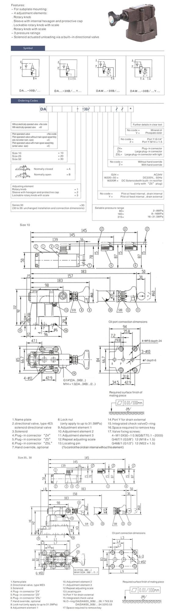 DA10-30 hydraulic manual unloading pilot operated pressure reducing valve