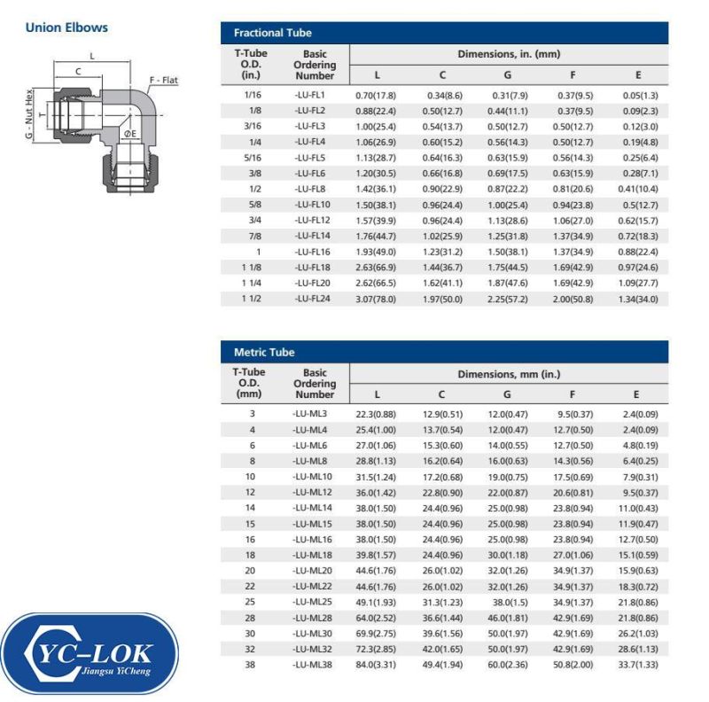 Yc-Ue Stainless Steel Union Elbow Swagelok Changeable Hydraulic Tube Fittings