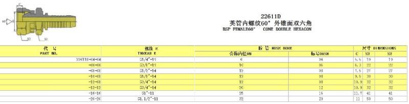 22611d Bsp Female 60 Degree Cone Double Hexagon Hose Fitting