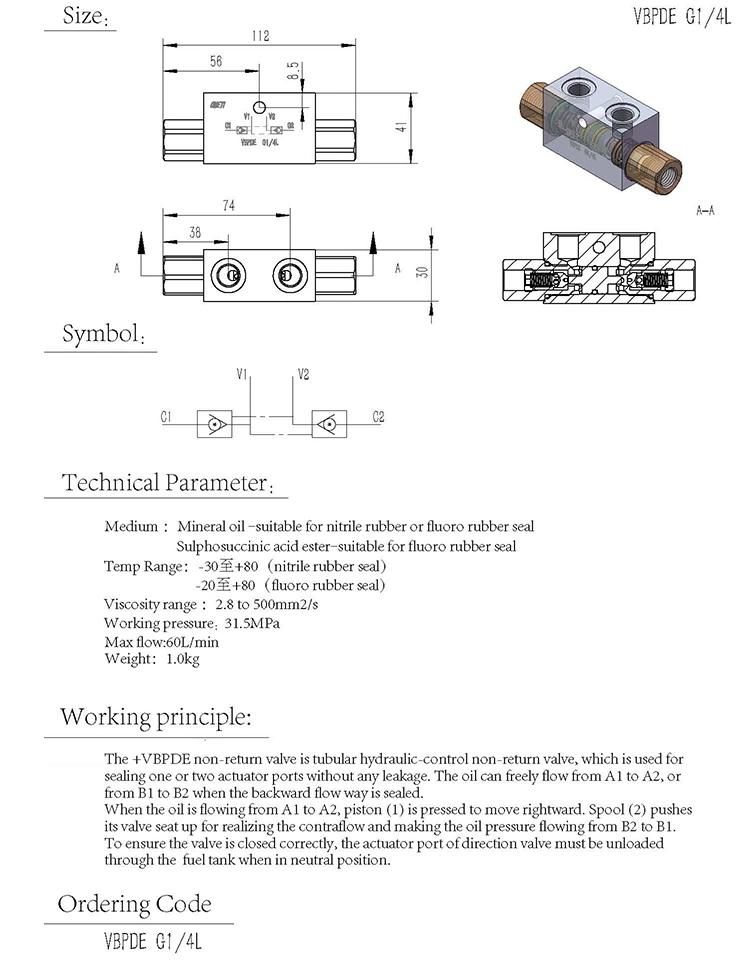 VBPDE High pressure Hydraulic Lock Valve