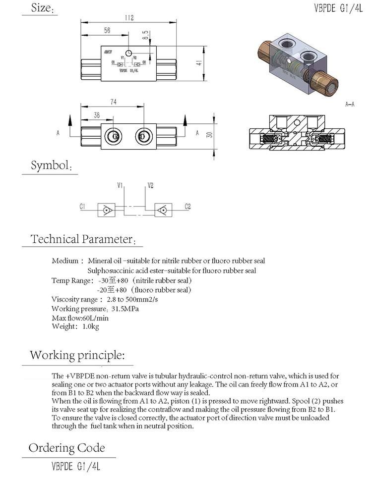 VBPDE 1-4L 2 way hydraulic check directional control valve