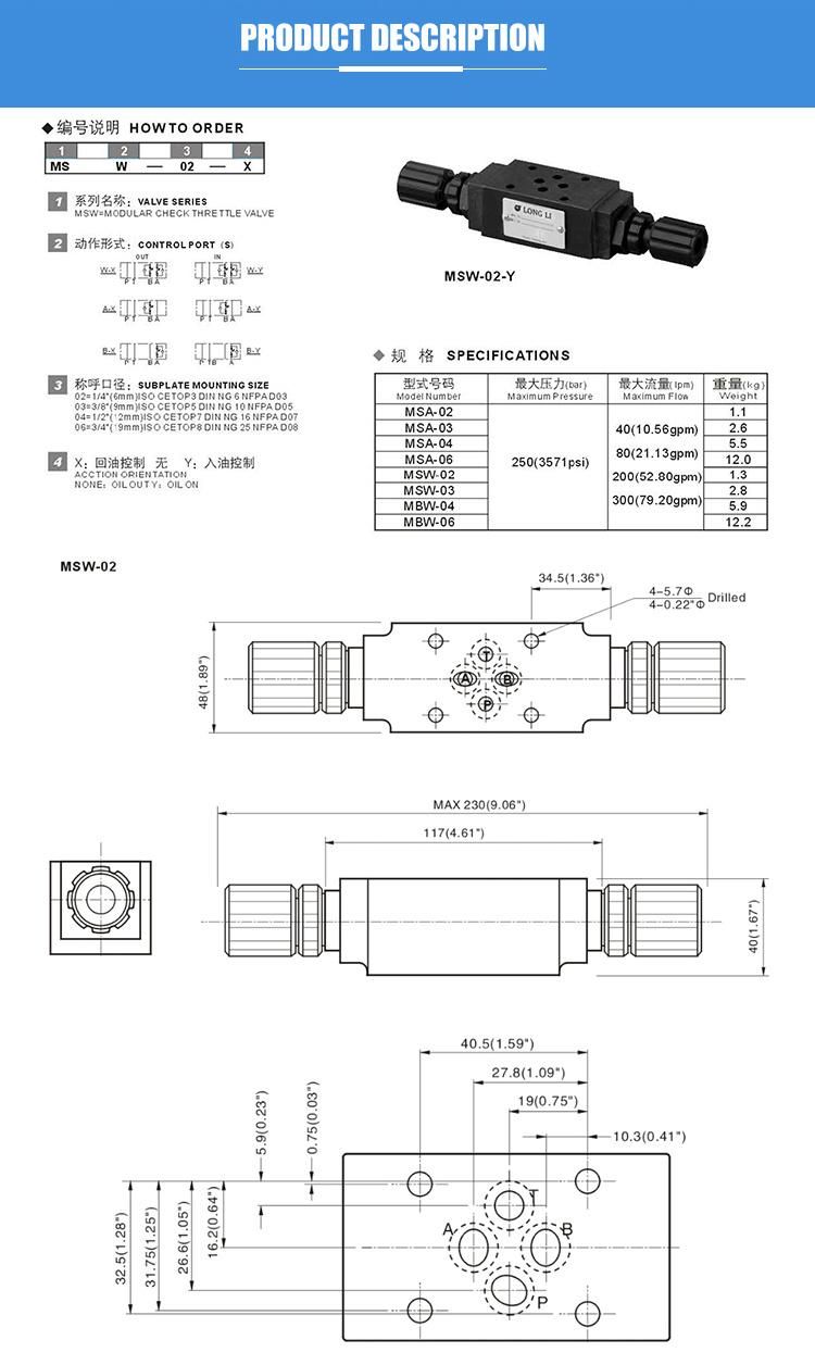 MSW02 Yuken hydraulic one way high speed modular check valve