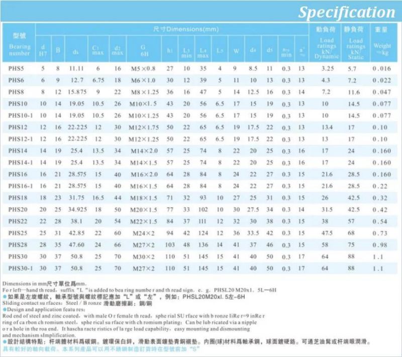 High Quality Bearings Inlaid Line Maintenance Free Phs Series Rod Ends with Female Thread