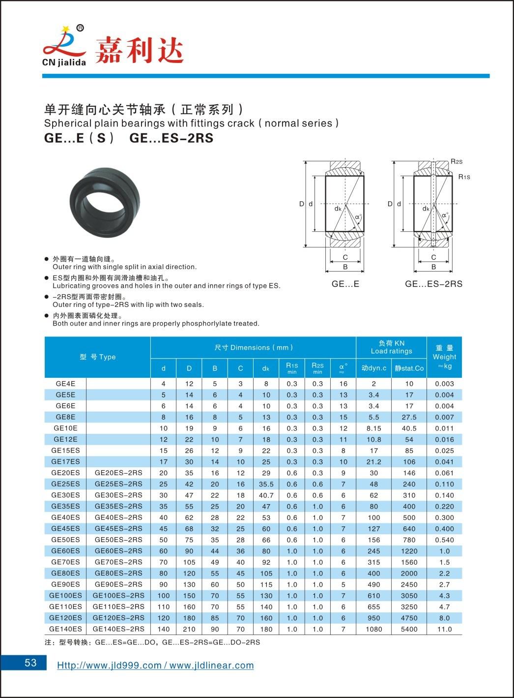 Ge Series Radial Spherical Plain Bearing Rod End Joint Bearing Ge4e Ge5e Ge6e Ge8e Ge10e Ge12e for Auto and Machine Parts