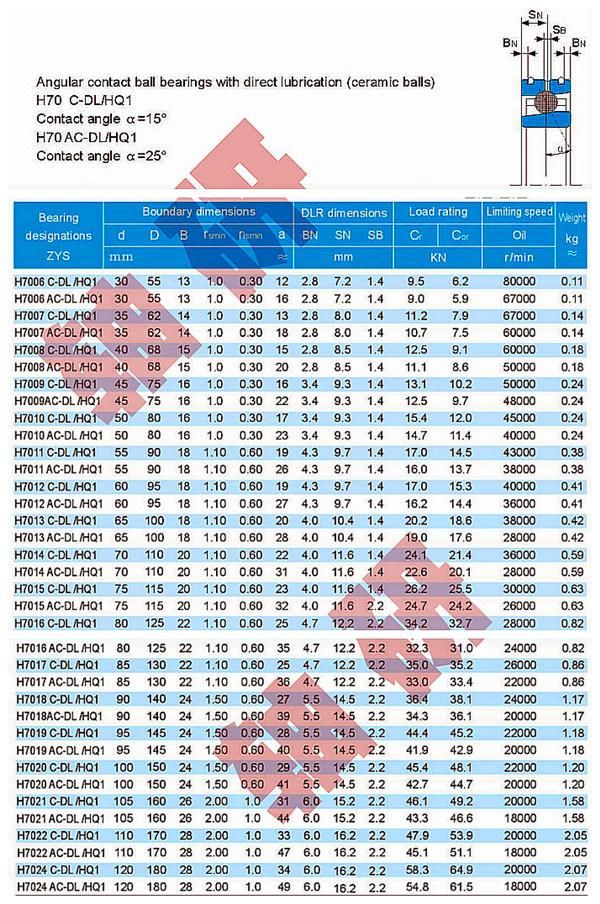 Zys Angular Contact Ball Bearings with Direct Lubrication (ceramic balls) H70 Series C/AC-Dl/Hq1