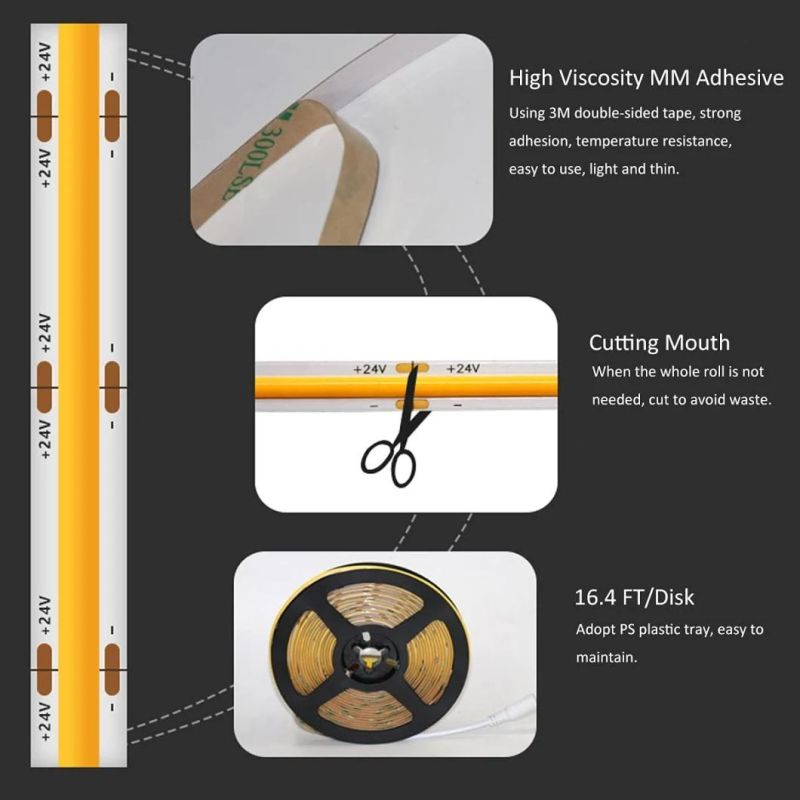 Custom Dotsfree 24V CCT Csp Changeable RGB LED COB Strip Light