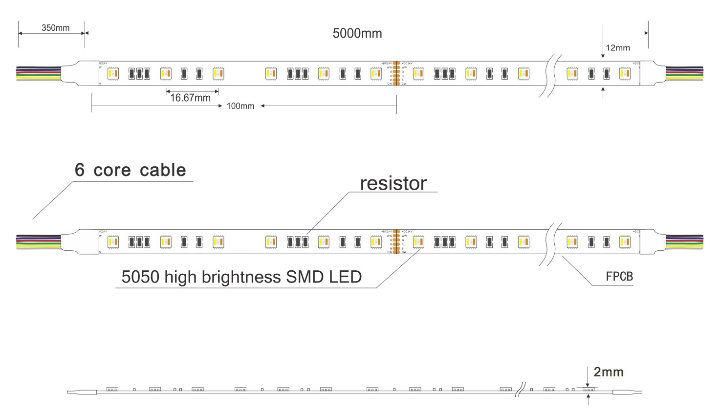 SMD5050 Rgbww CRI>890 High Bright 120LEDs 14.4lw/Meter LED Rigid Strip Light for Indoor Buliding Rope Light