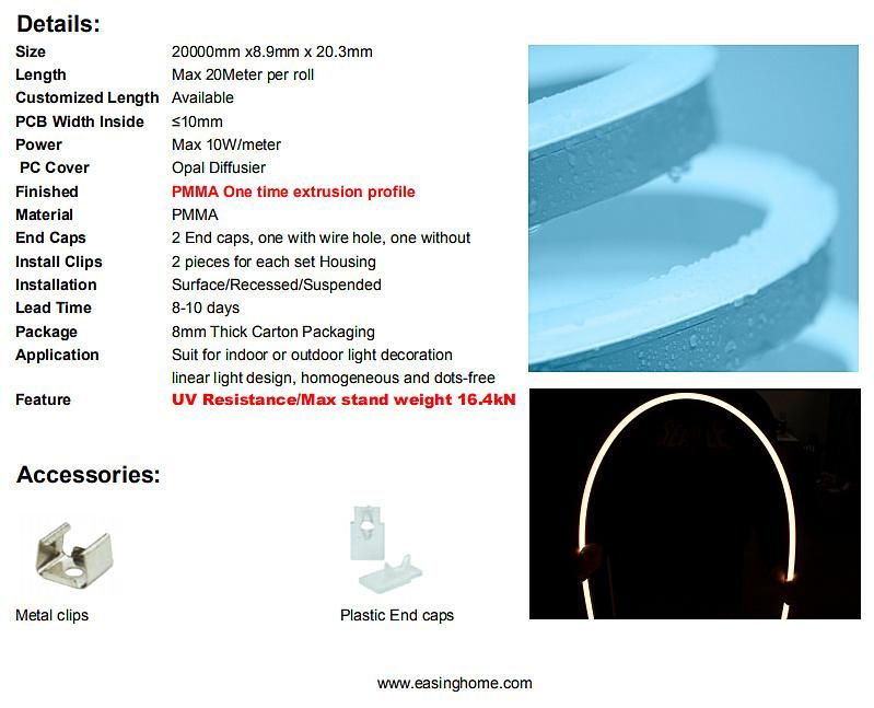 IP67/IP65 W12mm* 22.4mm LED Profile Extrusion Profile Flexible PMMA for 10mm PCB LED Strip