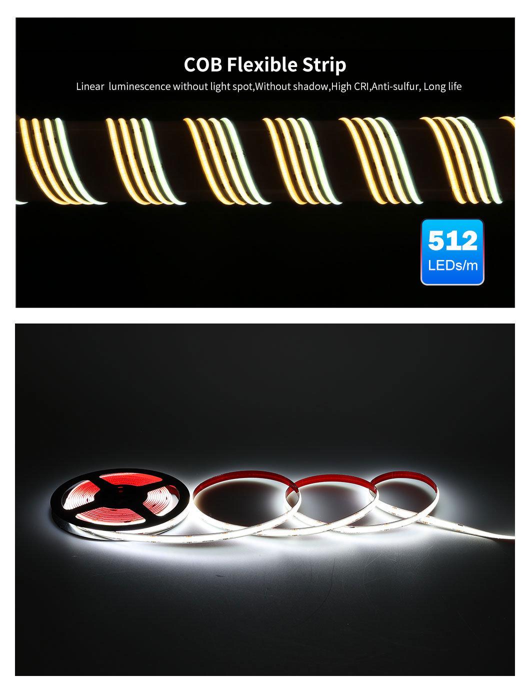 High Bright Linear Lighting COB LEDs Strip DC24V 2700K 3000K 4000K 6500K 8mm Flexible COB LED Strip