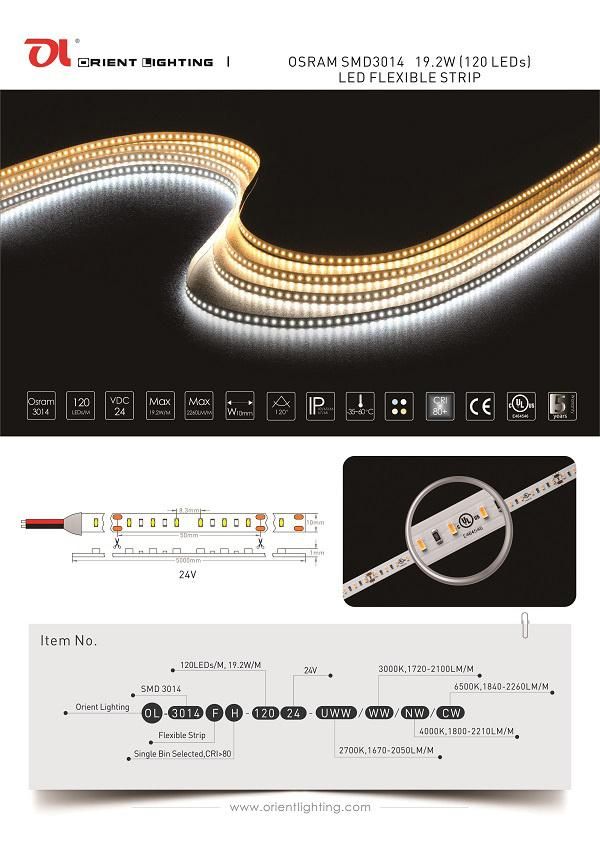 UL Ce Osram 120LEDs/M 19.2W/M CRI 90 24V LED Strip Light