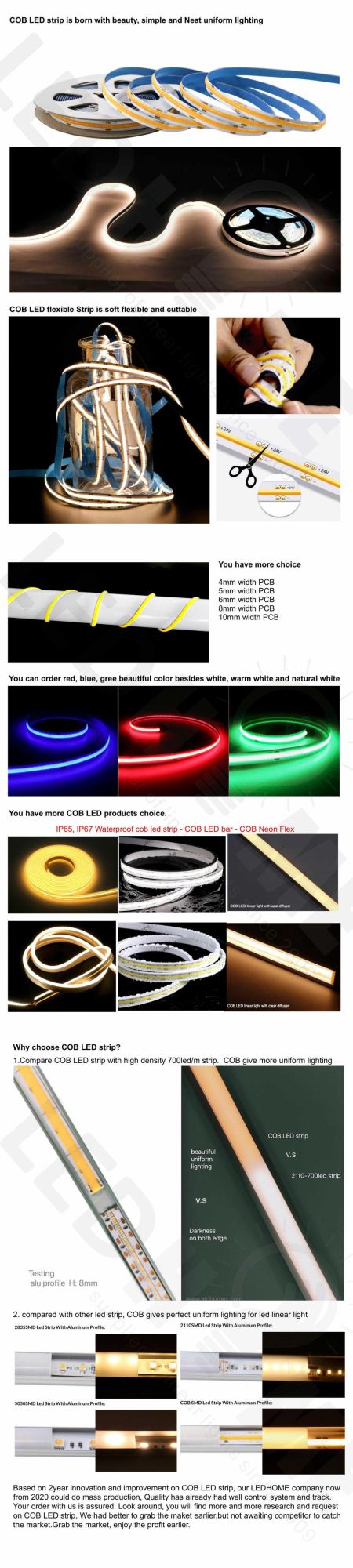 16W Flexible IP20 IP65 IP67 COB LED Strip with 512 LEDs Chip