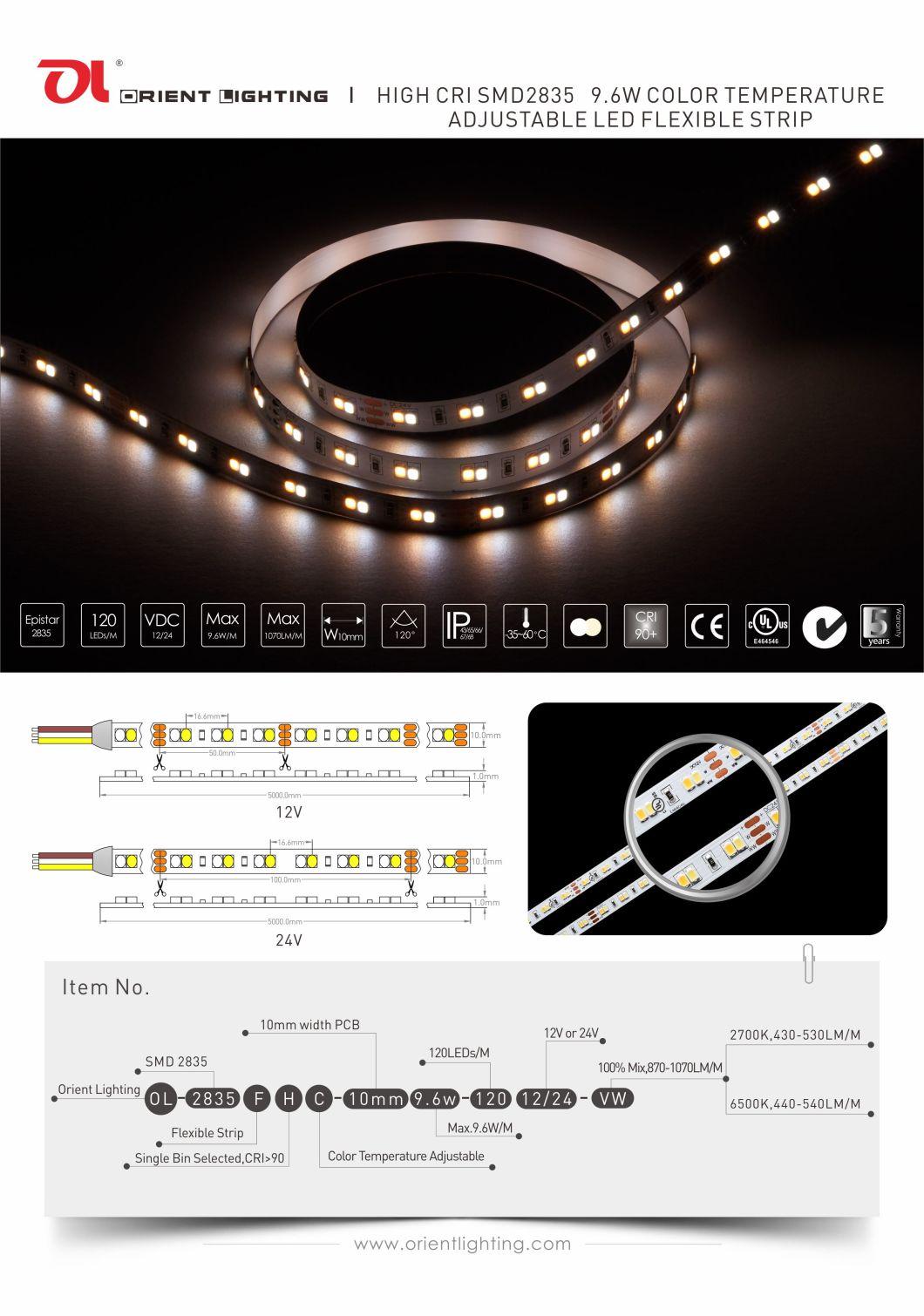 UL Ce SMD 2835 8mm 120LEDs/M Color Temperature Adjustable LED Strip Light