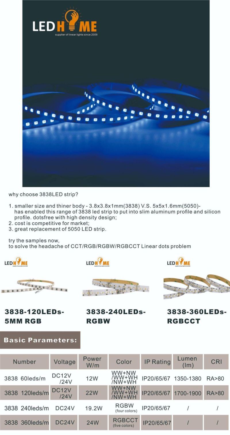 High Brightness SMD3838 LED Light Strip CCT/RGB/RGBW/Rgbcct Exclusive for Dotsfree LED Linear Light