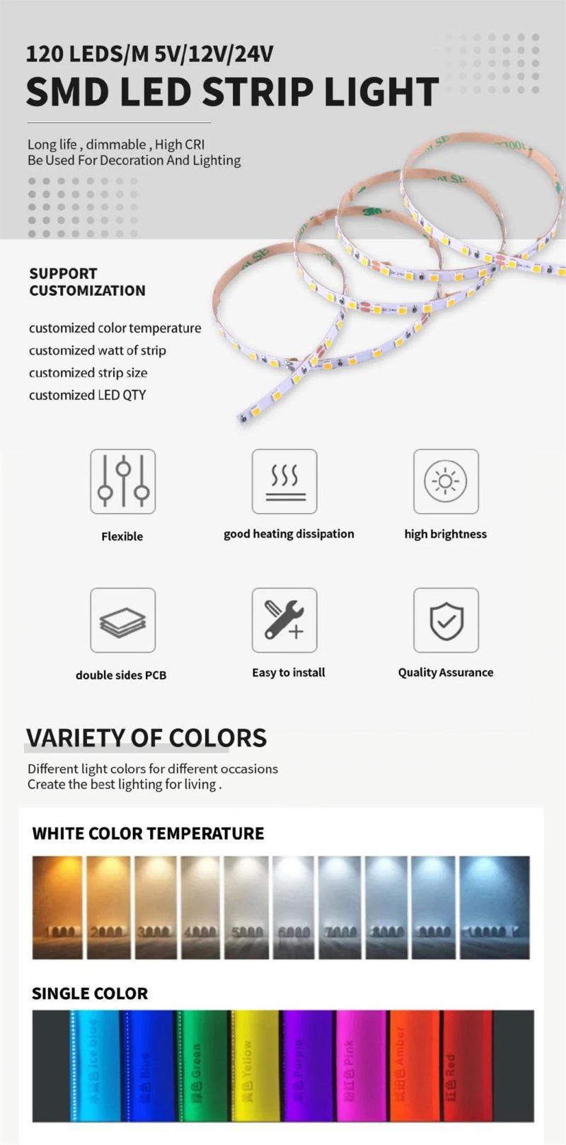 Manufacture 120d 24V Warm White 5mm Width PCB 2835 Flexible LED Light Strip