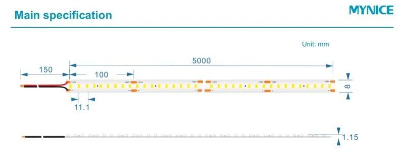 210lm/W High Efficiency 7.2W/M SMD2835 Width 8mm Tape Linear Light LED LED Flexible Strip