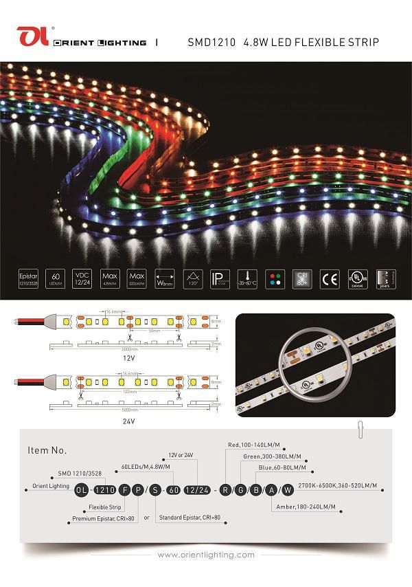 High CRI Epistar 1210/3528 60LEDs/M 4.8W/M Flexible LED Strip Light