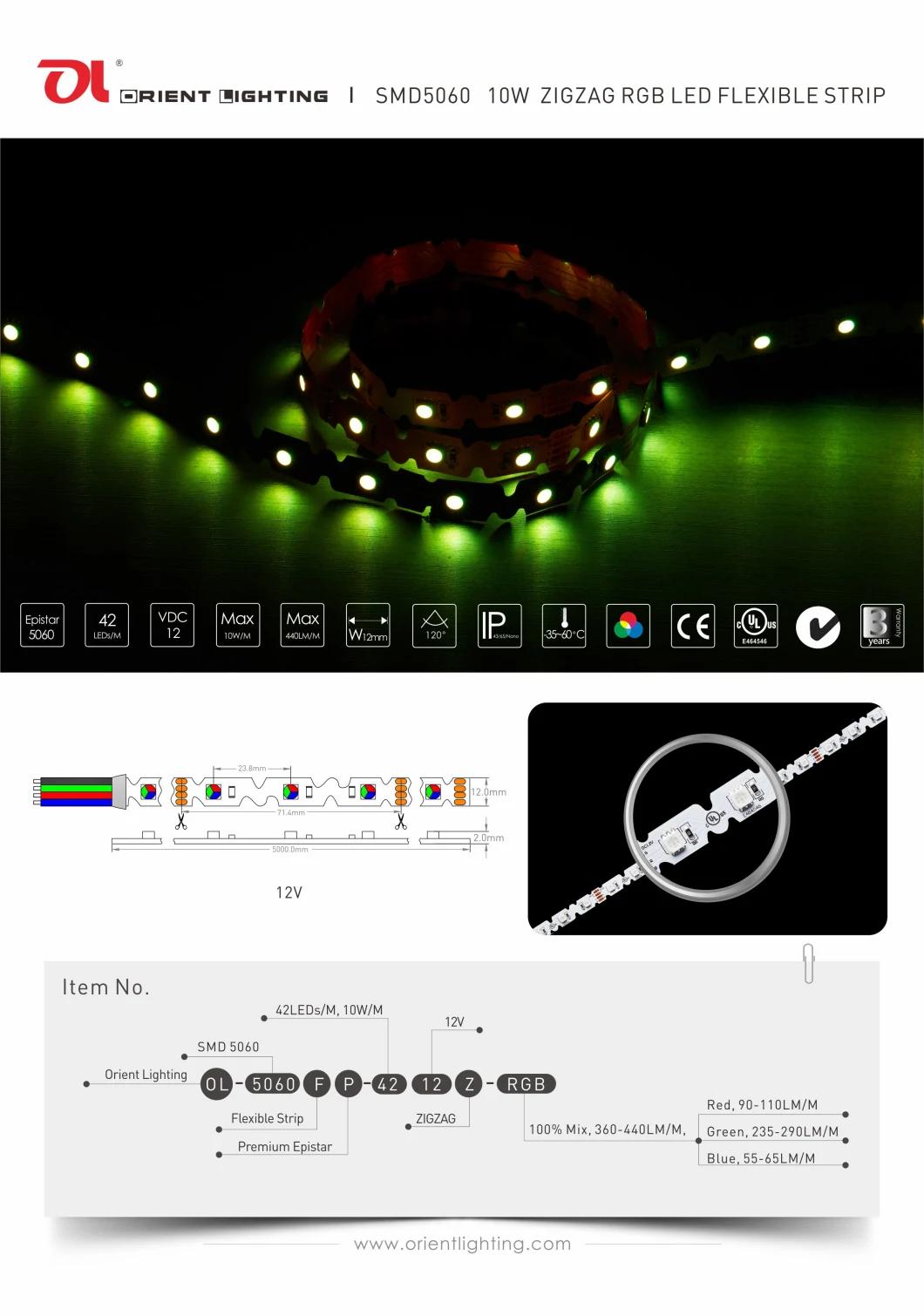 UL Ce C-Tick 5060 SMD 12V 12mm 10W/M Zigzag RGB LED Strip Light