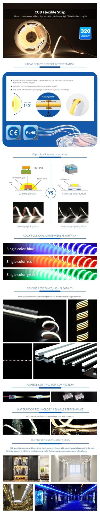 DC12V 24V DC 3mm 4mm 5mm 6mm 8mm 10mm High Density No Light Spot Dotless COB LED Extremely Flexible Strips 180 Degree View