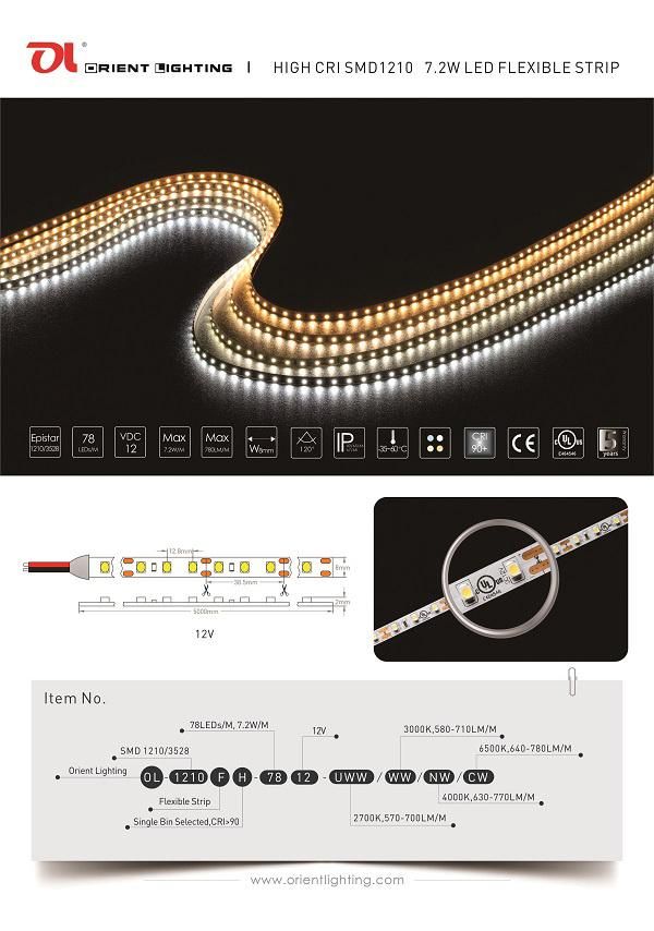 UL Ce SMD 1210 Super Bright Flexible 78 LEDs/M LED Strip Light