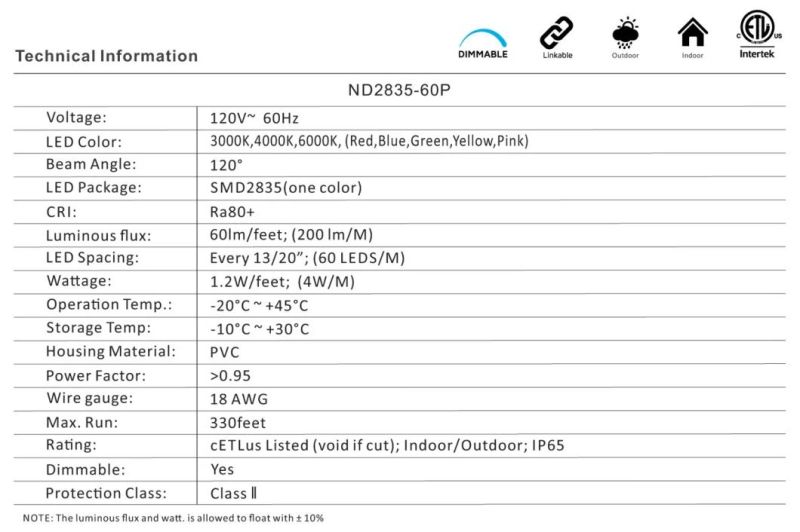 Outdoor/Indoor Line Voltage (120V) Linkable Design 2835-60LEDs/M Flexible Integrated LED Rope Light