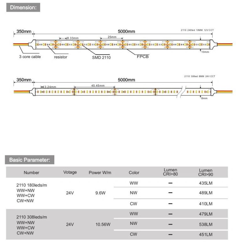 SMD2110 336LEDs/M DC12V / 24V High Brightness LED Strip Warm/White Double Row Strip