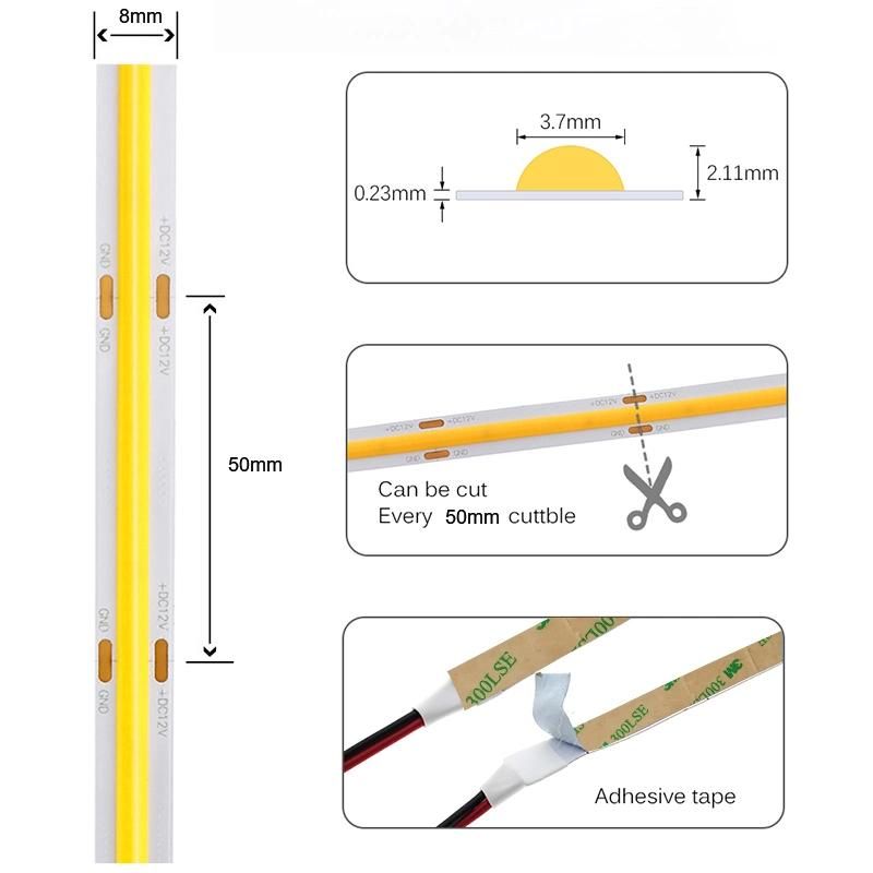 CE RoHS 384 LEDs High CRI90 8mm COB Flexible LED Strip Light