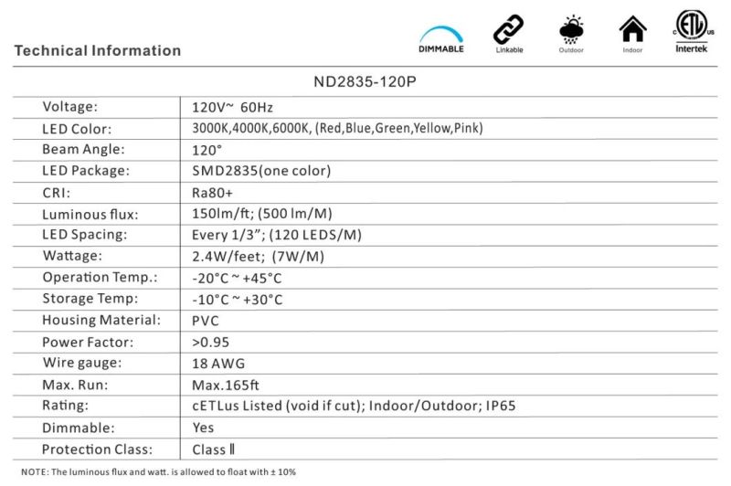 ETL 120V 2835-120p Flexible LED Rope Light Waterproof Cinta LED, Fita LED, Tira LED