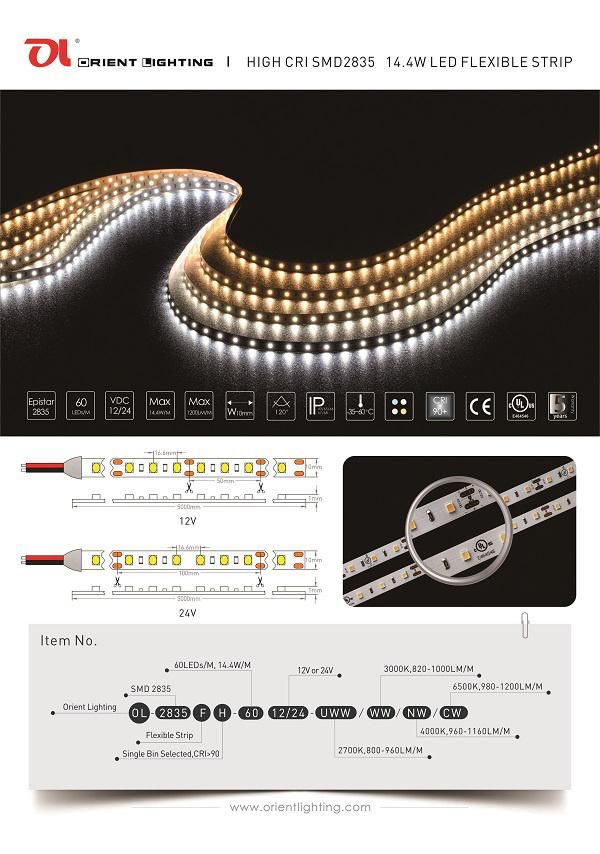 UL Ce Premium Epistar SMD2835 14.4W IP20 3000K LED Strip Light