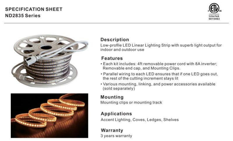 UL/ETL 120V 2835-120p Waterproof Rope Light Tira LED