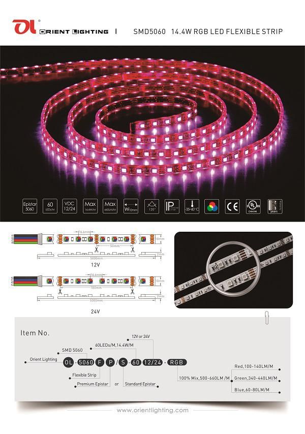 14.4W 24V 60LEDs IP20 RGB Flexible LED Strip Light for Decoration