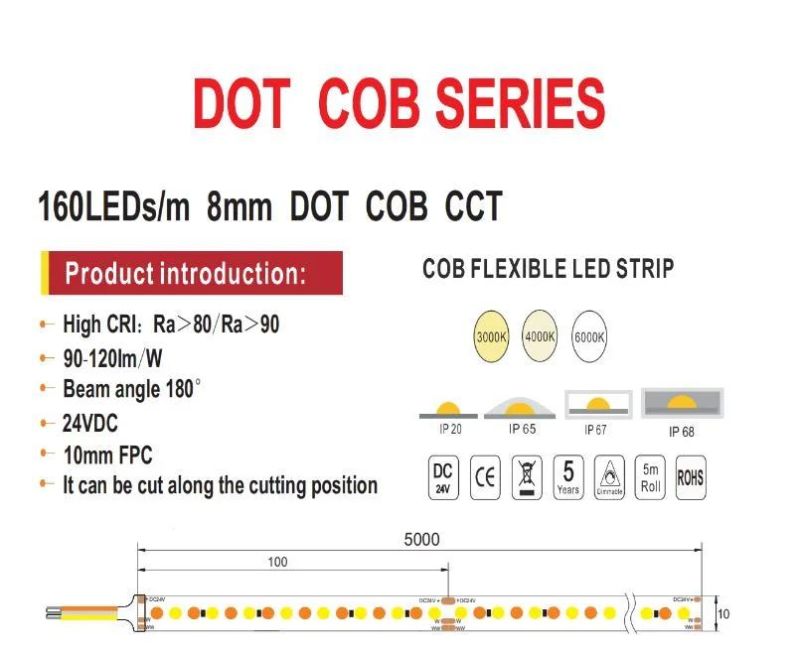 DOT COB 160LED/M 180 Wide Beam Angle Flexible COB LED Strip Light