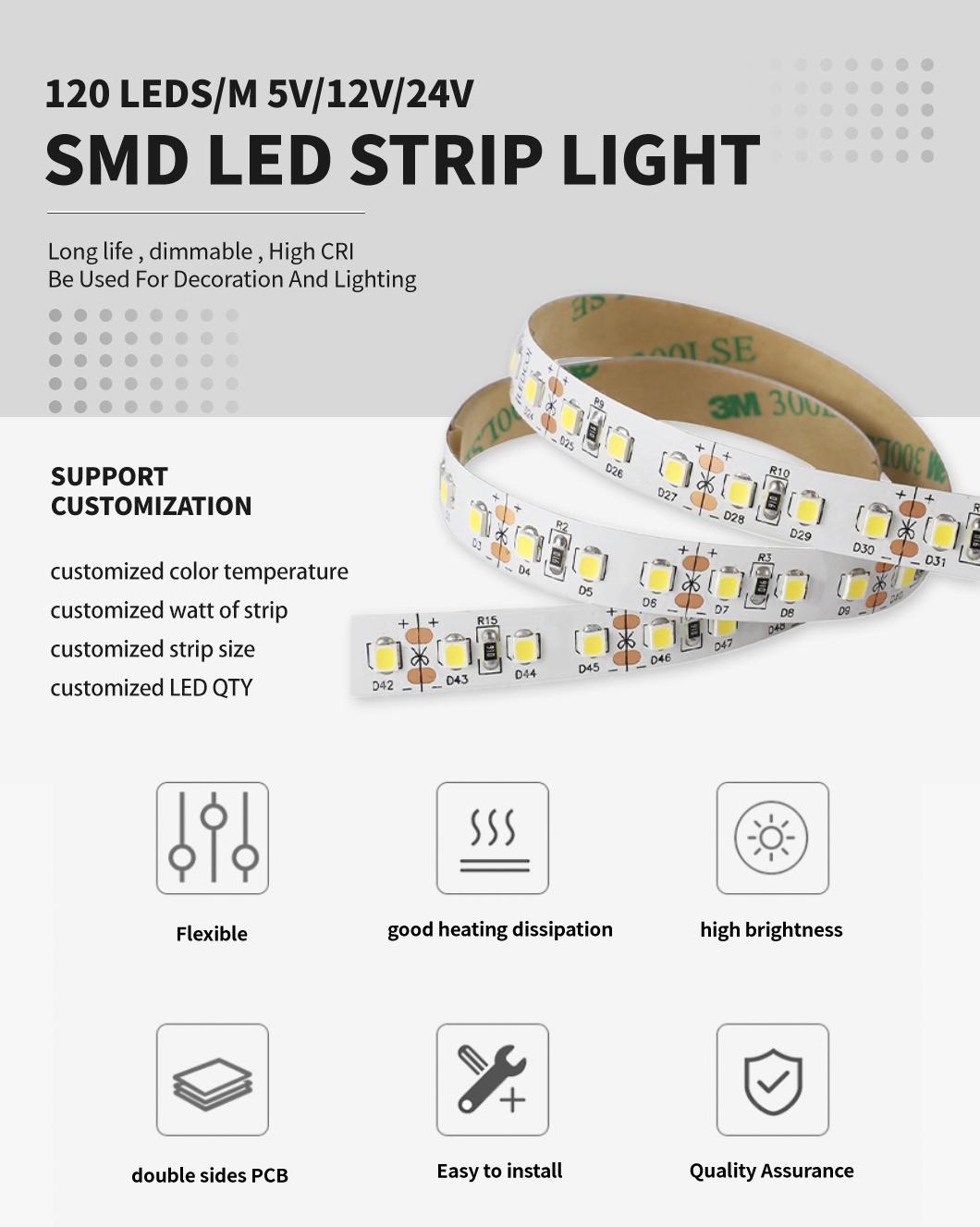 High Lumen CRI90+ SMD2835 LED Strip with TUV CE RoHS for Indoor Use