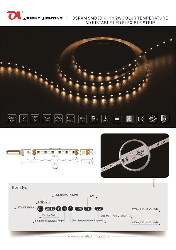 UL Ce Waterproof IP66 Osram3014 19W 6500K 120LEDs/M LED Strip Light