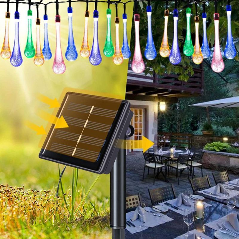 Solar Powered Waterproof Crystal Raindrop Lights 8 Modes 21FT 30 LED Solar String Lights Christmas Waterdrop Lights for Decor