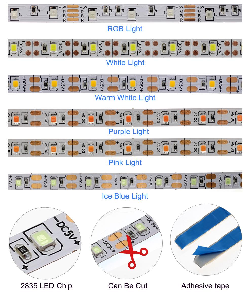 5V LED Strip Light USB 2835SMD RGB Diode Tape 0.5m 1m 2m 3m Flexible Neon Ribbon for TV Backlight PC Screen Background Lighting