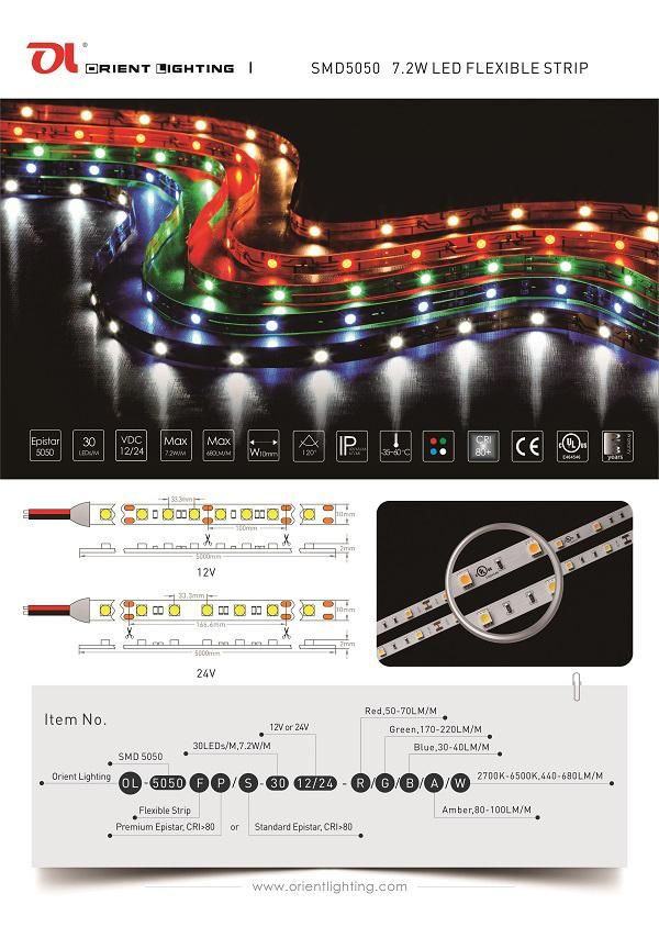 UL Ce Approval 5050 24V 7.2W 30LEDs/M IP20 3000K LED Strip Light