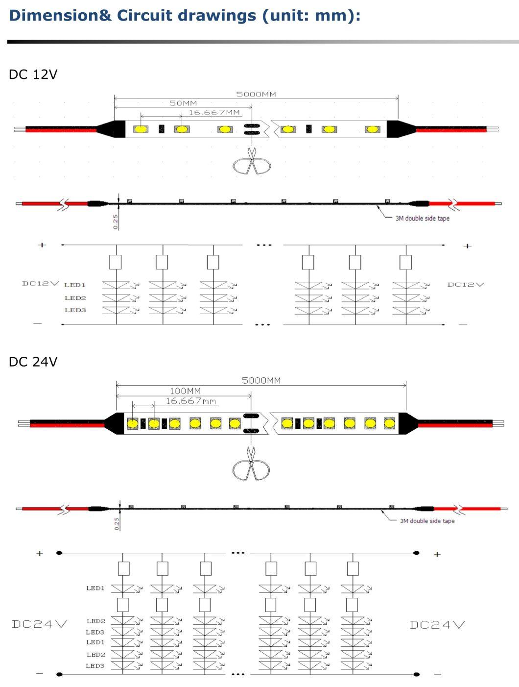 CE/UL DC12V/DC24V 3000K/4000K/5000K/6000K SMD2835 60LEDs/M 8mm PCB Ra>80 Ra>90 12W/M LED Strip