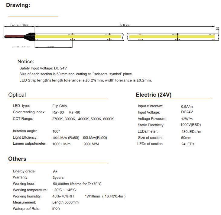 New Design High Brightness Uniform Lighting COB LED Strip Light 480LED 10mm DC24V