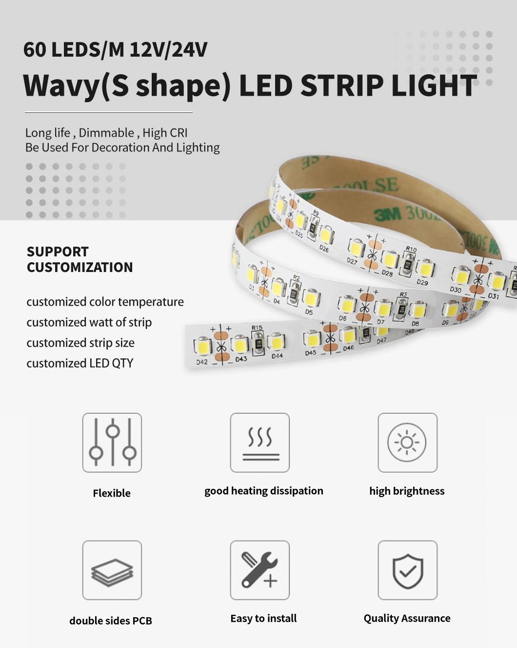 High Bright Epistar Chip S-Shape 2835 LED Flexible Strip 60LEDs/M