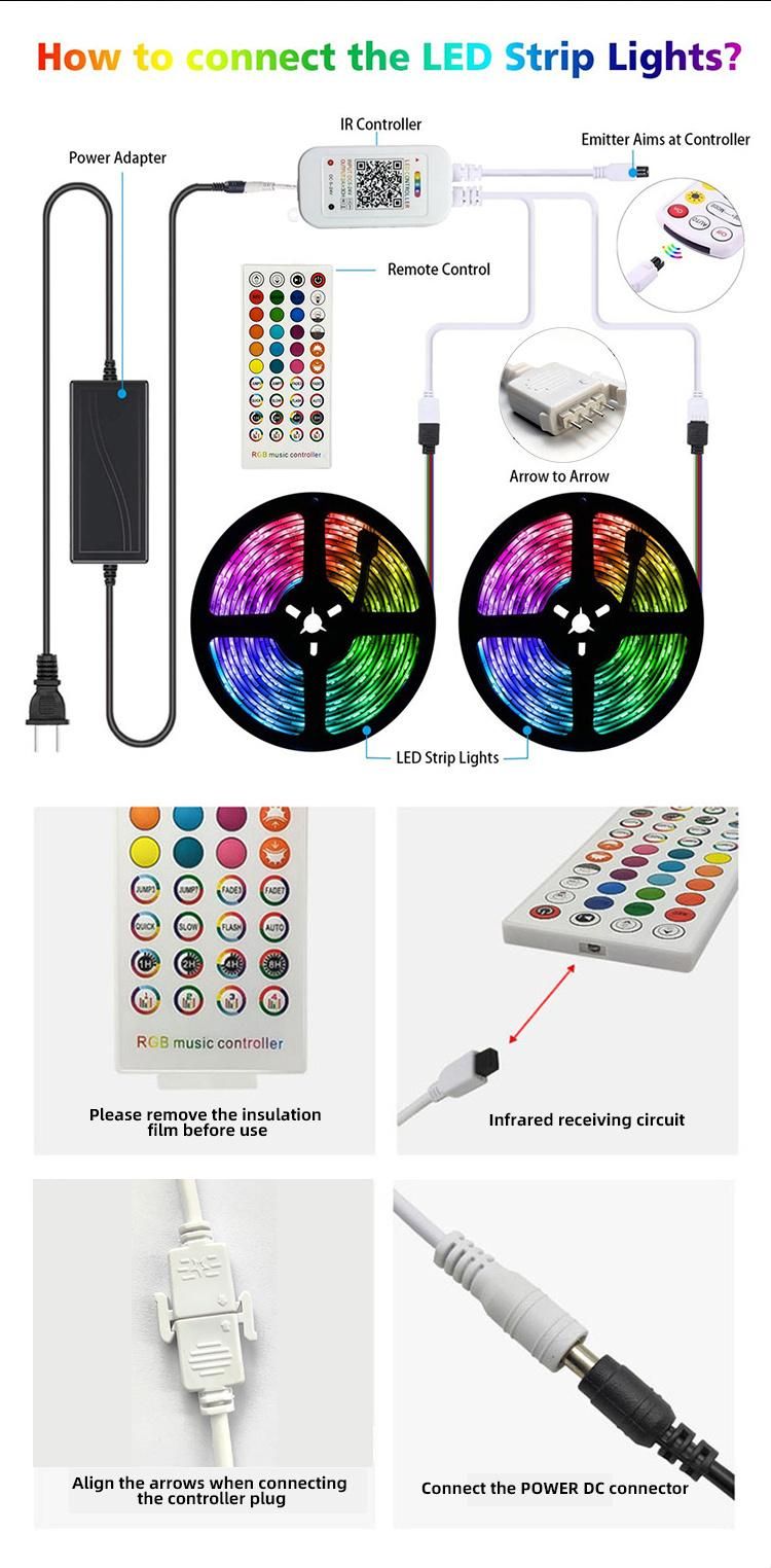 Hot Sell RGB LED Strip Light Flexible with Remote Control WiFi Smart Multi Color 5m 12 Volt 5050 IP65 RGB LED Strip Lights