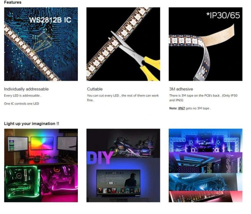 Glite IP67 Addressable Flexible Ws2812 60LEDs Full Color RGB LED Strip Light Ws2812b