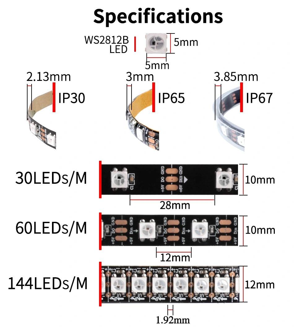 Glite IP67 Addressable Flexible Ws2812 60LEDs Full Color RGB LED Strip Light Ws2812b