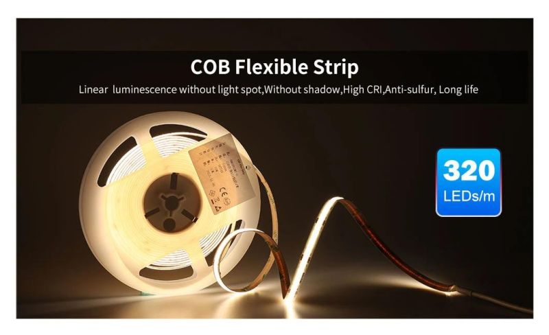 COB LED Strip Ligthing DC 12V 24V 5m 8mm 10mm Logo Print Available 3000K 4000K 6000K Linear COB LED Strip