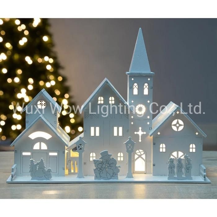 Wooden Church Scene Illuminated with 4 Warm LED Lights - White